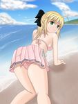  ahoge artoria_pendragon_(all) beach bikini blonde_hair day duran_(aron3) fate/stay_night fate/unlimited_codes fate_(series) green_eyes ponytail ribbon saber saber_lily short_hair skirt smile solo swimsuit 
