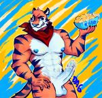 6catnick6 abs anthro balls blue_eyes blue_nipples blue_nose blue_stripes bodily_fluids cereal cereal_mascot claws countershade_face countershade_torso countershading cum felid food frosted_flakes genital_fluids genitals hi_res kellogg's kerchief male mammal mascot muscular muscular_male neckerchief neckwear nipples nude orange_body pantherine penis red_kerchief red_neckerchief solo striped_body stripes tiger tony_the_tiger vein veiny_balls white_body white_countershading