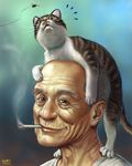  animal animal_on_head bug cat cat_on_head cigarette copyright_request insect lowres male_focus matataku on_head smoking solo 