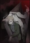  2025 2boys apron back-to-back blonde_hair commentary_request dark_background gloves great_knife green_jacket helmet holding jacket james_sunderland kneeling kuso_500t multiple_boys pyramid_head sad silent_hill_(series) silent_hill_2 white_gloves 