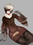 absurd_res anthro avian bird bodily_fluids ceilo_(wafflezcol) collar cryptidrot cum feathers food food_creature genital_fluids genitals hi_res inviting inviting_to_sex inviting_viewer male owl penis penis_on_thighs pinup pose pulsatrix smile smirk smug solo spectacled_owl true_owl wings
