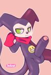 anthro artist_name bakap balls bandai_namco big_penis biped clothing colored digimon digimon_(species) digital_media_(artwork) erection foreskin genitals glans gloves green_eyes handwear huge_penis humanoid_genitalia humanoid_penis impmon kerchief male male_anthro mostly_nude_anthro mostly_nude_male neckerchief neckwear outline partially_retracted_foreskin penis purple_body shaded small_but_hung solo tail text urethra