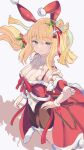  1girl animal_ears bare_shoulders blonde_hair blue_eyes blush commentary_request dress hair_ornament hair_ribbon hand_on_own_hip highres holly holly_hair_ornament koshian_(taiyaki) long_hair puzzle_&amp;_dragons rabbit_ears red_ribbon ribbon saline_(p&amp;d) santa_costume santa_dress sidelocks skirt snowflakes snowman solo standing star_(symbol) white_background 