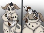 3_fingers 4:3 anthro artist_name black_nose bottomwear breasts brown_body brown_fur canid canine clothed clothing duo eyewear female fingers fox fur genitals glasses gradient_background hi_res horn looking_at_another male male/female mammal monster multi_eye open_mouth pants scottglass shirt simple_background spikes spikes_(anatomy) standing tail teeth text topwear vore vulva wearing_glasses white_body white_fur