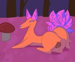 2026 animal_genitalia animal_vulva anus bodily_fluids brown_vulva butt canid canine canine_genitalia canine_vulva darkner deltarune digital_media_(artwork) elemental_creature evee123 female feral flora_fauna fox fungus fur genital_fluids genitals hi_res leaf leaf_tail lounging mammal mushroom netskie orange_body orange_fur plant presenting presenting_hindquarters presenting_vulva purple_ears purple_eyes purple_leaves purple_tail smile solo tail teeth tree undertale_(series) vulva