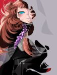  1girl black_shirt blue_eyes blush brown_hair cloak closed_mouth commentary_request cosplay curly_hair flower frown grey_cloak highres hollow_eyes kenmochi_touya kenmochi_touya_(cosplay) long_hair looking_at_viewer nijisanji nose_blush purple_flower red_cloak serious shirt solo torn_cloak torn_clothes toy_box3 two-sided_cloak two-sided_fabric upper_body variant_set virtual_youtuber yokaze_yui 