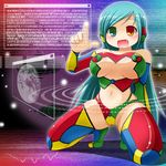  breasts cameltoe chrome-tan detached_sleeves earth_ekami fang google google-tan google_chrome green_hair heterochromia large_breasts long_hair multicolored multicolored_clothes multicolored_legwear no_nose product_girl solo thighhighs 