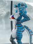 2025 3:4 3d_(artwork) absurd_res anthro aquatic big_breasts bikini black_body blue_body blue_hair blue_stripes breasts clothing countershading digital_media_(artwork) female fish furry_ghosty hair hand_on_hip hand_on_own_hip hi_res huge_filesize mountain multicolored_body multicolored_hair muscular muscular_female nika_sharkeh non-mammal_breasts requiem_shark shark side_view solo standing stripes swimwear tattoo tiger_shark two-piece_swimsuit two_tone_hair warfare_nika white_body white_hair