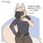 2026 animal_humanoid anthro blush clothed clothed_anthro clothed_male clothing collared_shirt cybernetic_arm cybernetic_limb cybernetics digit_ring english_text fully_clothed fully_clothed_anthro fully_clothed_male hand_on_hip heart_symbol hi_res humanoid husband jewelry machine male married protogen ring shirt simple_background solo standing text thao_(warjenkins) topwear warjenkins wedding_ring