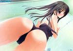  absurdres ass black_eyes black_hair blush breasts from_behind highres long_hair looking_back medium_breasts migiwa_kazuha nipples off_shoulder one-piece_swimsuit school_swimsuit showering strap_slip suzuhira_hiro swimsuit wet yosuga_no_sora 