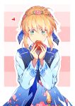  1girl artoria_pendragon_(fate) blonde_hair blue_hanbok braid commentary_request cookie eating fate/stay_night fate_(series) food food_on_face green_eyes h_sueun hanbok heart highres holding holding_food korean_clothes korean_commentary saber_(fate) shirt sidelocks signature solo striped_clothes striped_shirt upper_body 