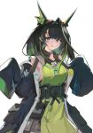  1girl :q absurdres arknights bare_shoulders black_coat black_hair black_sash chinese_commentary closed_mouth coat colored_inner_hair commentary_request dress emoji green_dress green_eyes green_hair hands_up highres light_smile long_hair looking_at_viewer material_growth mon3tr_(arknights) multicolored_hair off_shoulder oripathy_lesion_(arknights) pouch sadman sash simple_background sleeves_past_fingers sleeves_past_wrists solo tongue tongue_out white_background 