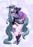 1girl abstract_background aqua_eyes aqua_hair bat_hair_ornament belt buckle cheerleader cheerleading_hatsune_miku_design_contest commentary_request full_body hair_ornament hatsune_miku heart heart-shaped_buckle highres long_hair long_sleeves pom_pom_(cheerleading) solo urokonotkoko very_long_hair voiceroid 