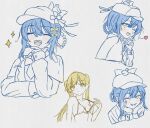  2girls bare_shoulders bird_hat_ornament blonde_hair blue_hair bow bowtie bra braid braided_hair_rings chinese_commentary closed_eyes collarbone collared_shirt commentary_request deerstalker green_eyes hair_bow hair_rings hat hat_bow heart long_hair long_sleeves looking_at_viewer mahou_shoujo_no_majo_saiban multiple_girls multiple_views necktie open_mouth partially_colored shirt short_hair simple_background smile superbigneet tachibana_sherry tono_hanna underwear w white_background wings yellow_eyes 