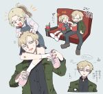  1boy 1girl 2025 adoptive_parent_and_adoptive_child blonde_hair child commentary_request drink father_and_child father_and_daughter food green_jacket jacket james_sunderland kuso_500t laura_(silent_hill) overalls parent_and_child pink_shoes ponytail popcorn shirt shoes silent_hill_(series) silent_hill_2 silent_hill_2_(remake) simple_background striped_clothes striped_shirt white_background 
