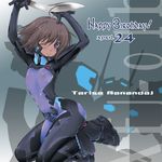  antenna_hair arms_up black_bodysuit blue_eyes blush bodysuit covered_nipples dark_skin flat_chest glowing grey_hair happy_birthday knife kukri mecha miyata_sou muvluv muvluv_alternative muvluv_total_eclipse one_eye_closed pilot_suit purple_bodysuit see-through seiza shiny shiny_clothes short_hair sitting skin_tight smile solo tarisa_manandal 