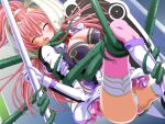  1girl 2000s_(style) bdsm blush bondage boots bound breasts cleavage closed_eyes day en_ciel_rena game_asset gloves grabbed_by_tentacles holding holding_polearm holding_shield holding_weapon kourin_tenshi_en_ciel_rena large_breasts long_hair non-web_source official_art open_mouth outdoors panties pantyshot pink_hair pink_thighhighs plant pole polearm saitou_natsuki self-datamine shield skirt solo tentacles thighhighs thorns tomoe_rena underwear variant_set vines visual_novel_cg weapon white_panties 