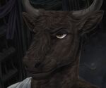 absurd_res alpineheart amber_eyes anthro bars bovid bovine chain clothing cracked_horn detailed_background digital_media_(artwork) european_mythology female fluffy fluffy_ears greek_mythology headshot_portrait hi_res horn mammal minotaur mythology portrait solo