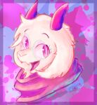 2_horns anthro bovid caprine cosmic_logem darkner deltarune eyewear floppy_ears fur glasses goat green_eyewear green_glasses headshot_portrait hi_res horn lop_ears male mammal open_mouth pink_eyes pink_horn pink_scarf portrait ralsei scarf solo undertale_(series) white_body white_fur