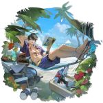  1boy abs angel anklet arknights arm_behind_head bare_legs barefoot beach black_eyes black_hair black_swim_trunks blue_shorts bodypaint bracelet cloud cloudy_sky cocktail cooler crossed_legs day dumbbell english_text feet flower flower_necklace food full_body hair_between_eyes hammock hawaiian_shirt highres holding holding_magazine ice ice_cube innertube insider_(arknights) insider_(holiday)_(arknights) jewelry lei looking_at_viewer lower_teeth_only lying magazine_(object) multiple_bracelets muscular muscular_male necklace ocean official_alternate_costume official_art on_back on_hammock open_clothes open_mouth open_shirt outdoors palm_tree palm_tree_print pillow purple_shirt radio reading salad_bowl sandals shirt short_hair short_sleeves shorts sky slides smile solo swim_ring swimsuit swimsuit_under_clothes table tachi-e teeth third-party_source transparent_background tree watch water_gun wooden_table wristwatch yszx 