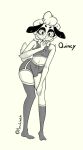 absurd_res anthro artist_name biped bovid bulge caprine character_name clothed clothed_anthro clothed_male clothing digital_drawing_(artwork) digital_media_(artwork) english_text femboy front_view full-length_portrait greyscale handwritten_text hi_res leaning leaning_forward legwear looking_at_viewer male male_anthro mammal midriff mismatched_socks monochrome plantigrade ponchowah portrait pose quincy_(ponchowah) shaded sheep shush simple_shading solo sportswear standing stockings text thigh_highs