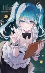  030_bv 1girl apron arahashi_tabi blue_eyes blue_hair breasts character_name hair_between_eyes highres index_finger_raised large_breasts long_hair maid maid_apron open_mouth smile stellive teeth twintails twitter_username white_apron 