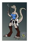 3_fingers 3_toes absurd_res alpha_channel anthro badge big_feet black_bottomwear black_clothing black_miniskirt black_skirt blowing_smoke blue_clothing blue_topwear boots border bottomwear breasts brown_body brown_boots brown_claws brown_clothing brown_footwear brown_scales capcom chloe_(janek5) claws clothing coelophysid coelophysis cosplay costume digitigrade dinosaur emblem eyelashes feet female finger_claws fingers footwear glistening glistening_eyes green_body green_markings green_scales gun gun_smoke hand_on_hip handgun hi_res holding_gun holding_object holding_ranged_weapon holding_weapon hoodie hoodie_around_waist janek5 long_neck long_tail looking_at_viewer markings medium_breasts miniskirt non-mammal_breasts open_mouth pistol prehistoric_species pupils ranged_weapon reptile resident_evil saurischian scales scalie shoes simple_background skirt slim small_waist smile smiling_at_viewer smoke snout solo standing tail tapering_tail teeth theropod toe_claws toeless_boots toeless_footwear toes topwear transparent_border weapon white_clothing white_hoodie white_topwear yellow_eyes