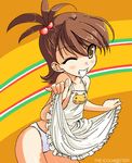  aonagi_hayate apron bad_id bad_pixiv_id brown_eyes brown_hair flipped_hair futami_ami grin idolmaster idolmaster_(classic) naked_apron one_eye_closed panties short_hair side_ponytail smile solo underwear 