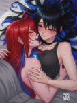  2girls ahoge asymmetrical_horns black_hair black_horns blue_fire blue_hair blush closed_eyes colored_inner_hair commentary demon_horns elizabeth_rose_bloodflame english_commentary fire fire_on_chest flower highres hololive hololive_english horn_flower horns hug jasper_xandros lipstick_mark lipstick_mark_on_face long_hair mole mole_under_eye multicolored_hair multiple_girls nerissa_ravencroft on_bed open_mouth red_hair smile two-tone_hair uneven_horns virtual_youtuber yuri 