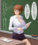 breasts brown_eyes brown_hair chalkboard classroom cleavage futon_suki glasses jewelry large_breasts miniskirt necklace original pencil_skirt see-through sexually_suggestive shirt skirt solo taut_clothes taut_shirt teacher translated 