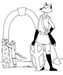 2024 adler_young anthro arch black_and_white canid canine clothed clothed_anthro clothed_male clothing duo eyes_closed eyewear fox glasses gloves_(marking) hi_res leg_markings male mammal markings melee_weapon mephitid monochrome ruin_seeker shield skunk socks_(marking) sword tegerio tunic_(video_game) weapon whisker_spots whiskers zandar's_saga