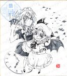  2girls absurdres apron ascot bat_(animal) bat_wings between_fingers bow braid collared_shirt commentary dress english_commentary frilled_skirt frills greyscale hair_bow hat hat_ribbon highres holding holding_knife izayoi_sakuya knife knives_between_fingers looking_at_viewer maid maid_headdress mixed-language_commentary mob_cap monochrome multiple_girls neck_ribbon open_mouth pointy_ears puffy_short_sleeves puffy_sleeves remilia_scarlet ribbon shikishi shirt shoes short_sleeves skirt smile socks touhou traditional_media twin_braids waist_apron watermark watermark_grid wings wrist_cuffs yuzuha_(yuzutime) 