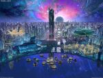  3d arsenixc bilingual_commentary black_hole building cityscape commentary copyright_logo english_commentary highres industrial light_particles logo mixed-language_commentary nebula night nikki_(series) no_humans official_art outdoors reflection reflective_liquid scenery science_fiction shining_nikki skyscraper sparkle star_(sky) 