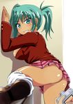  against_wall ass blush camera comord green_eyes green_hair ikkitousen ikkitousen_great_guardians loose_socks naughty_face no_panties ryofu_housen school_uniform short_hair skirt socks solo_focus sweat teeth white_legwear 