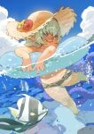  1girl afloat bikini cloud cumulonimbus_cloud day eric_ueda final_fantasy final_fantasy_xiv fish flower full_body green_eyes green_hair hat hat_flower highres innertube lalafell monster ocean octopus partially_underwater_shot pointy_ears short_hair sky smile sun_hat sunlight swim_ring swimsuit tentacles ultros 