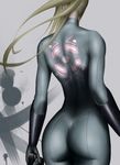  ass bad_id bad_pixiv_id blonde_hair bodysuit facing_away from_behind gun head_out_of_frame highres long_hair metroid ponytail samus_aran skin_tight solo utsugi weapon zero_suit 