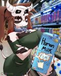 4:5 absurd_res ambiguous_gender angry anthro artist_name big_breasts black_body bodily_fluids bone bovid bovine breasts brown_hair cattle chain clothing collar crossed_arms dairy_products duo english_text female food green_clothing grocery_store hair hi_res mammal milk mori_(mottitax) mottitax multicolored_body red_eyes skull sweat sweatdrop tail text two_tone_body white_body