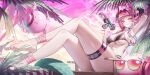  1girl absurdres alternate_costume arknights arknights:_endfield artzy_tyrannical_(arknights) bikini black_bikini black_horns breasts closed_mouth commentary_request dragon_girl dragon_horns dragon_tail green_tail gun hair_intakes hair_on_horn highres holding holding_gun holding_weapon horns korean_commentary large_breasts long_hair looking_at_viewer multicolored_bikini multicolored_eyes multicolored_hair multicolored_horns navel pink_bikini pink_hair pink_horns pointy_ears sbgu sitting smile solo streaked_hair swimsuit tail thigh_strap two-tone_bikini two-tone_horns visor_cap weapon yvonne_(arknights) 