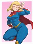 1girl abs ai-generated ass breasts cape closed_eyes commentary curvy dc_comics english_commentary flying hand_on_own_hip highres huge_ass large_breasts midair my_adventures_with_superman ok_sign pink_background red_cape short_hair solo sugarradishtwo supergirl supergirl_(my_adventures_with_superman) superhero_costume superman_(series) thick_thighs thighs tight_clothes 
