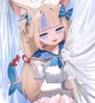  1girl absurdres advarcher animal_ear_fluff animal_ears blonde_hair blue_bow blue_eyes blue_sailor_collar blue_streaks blunt_bangs bow cat_ears commentary curtain_grab curtains dress english_commentary fins fish_tail frilled_sailor_collar frills hair_bow hair_intakes highres indie_virtual_youtuber kaniki_(sameko_saba) lifebuoy_hair_ornament long_hair looking_at_viewer low_twintails multicolored_hair no_nose open_mouth sailor_collar sameko_saba sameko_saba_(1st_costume) single_hair_streak solo standing streaked_hair tail twintails upper_body very_long_hair virtual_youtuber white_dress 