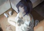  1girl absurdres bare_shoulders blue_hair bra breasts can chibi choker cleavage commentary drink_can floor from_above gigi_murin gigi_murin_(1st_costume) hair_intakes highres holding holding_can hololive hololive_english indian_style indoors jellyfish_cut long_hair medium_breasts messy_hair naokomama off-shoulder_shirt off_shoulder on_floor ouro_kronii oversized_clothes oversized_shirt ribbon ribbon_choker shirt sitting solo spaghetti_strap underwear virtual_youtuber white_bra white_shirt 