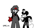 ambiguous_gender angry anthro black_body black_buttons black_clothing black_hair black_shirt black_topwear bottomwear changed:_the_greater_edition changed_(video_game) clothing computer_virus_(species) creepypasta digital_creature disney duo eye_contact fist genderfluid_(lore) gloves grey_bottomwear grey_clothing grey_hat grey_headwear grey_overalls grey_pants hair hand_on_back handwear hat headgear headwear hi_res human ink ink_creature inkblot larger_male looking_at_another m.smile male mammal mario mario_bros melting melting_body mickey_mouse mouse multiple_poses murid murine nintendo omni-vee overalls pants plane_crazy pointy_ears polygonal_body pose red_clothing red_gloves red_handwear rodent shirt signature simple_background simple_eyes size_difference smaller_anthro smile standing steamboat_willie tail teeth thin_tail toony topwear wenk_(changed:_tge) white_background white_clothing white_face white_gloves white_handwear white_hat white_headwear