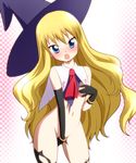  blonde_hair blush covering covering_breasts covering_crotch elbow_gloves embarrassed flat_chest gloves groin hat hips long_hair nude ochanomizu_doggu original solo torn_clothes witch_hat 