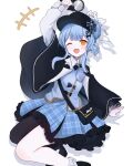  1girl :d ;d asymmetrical_legwear bag bird_hat_ornament black_bag black_bow black_bowtie black_capelet black_hat black_pantyhose black_shoes blue_hair blue_necktie blue_skirt bow bowtie braid braided_hair_rings capelet collared_shirt commentary_request cowboy_shot deerstalker frilled_skirt frilled_socks frills grey_vest hair_bow hair_rings hat hat_bow highres holding holding_magnifying_glass layered_skirt long_sleeves looking_at_viewer magnifying_glass mahou_shoujo_no_majo_saiban necktie one_eye_closed open_mouth pantyhose plaid_clothes plaid_skirt ribbon shirt shoes short_hair simple_background single_leg_pantyhose skirt smile socks solo sumishake tachibana_sherry vest white_background white_ribbon white_shirt white_socks yellow_eyes 