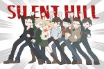  1girl 2025 6+boys alex_shepherd blonde_hair brown_hair commentary_request father_and_child father_and_daughter green_jacket harry_mason heather_mason henry_townshend jacket james_sunderland kuso_500t logo multiple_boys murphy_pendleton parent_and_child silent_hill:_downpour silent_hill:_homecoming silent_hill:_origins silent_hill_(series) silent_hill_1 silent_hill_2 silent_hill_3 silent_hill_4:_the_room travis_grady 