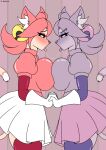 2026 absurd_res alternate_species anthro artist_name bell big_breasts bodily_fluids bottomwear breast_squish breasts breasts_frottage clothing deltarune digital_media_(artwork) duo female female/female furrification hair hi_res hotfilk huge_breasts human irritable_ghost_(deltarune) mammal mew_mew_(undertale) mew_mew_kissy_cutie pink_(deltarune) saliva seven_flowers short_hair skirt squish text thick_thighs twitter undertale_(series)