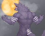 2024 5:4 5_fingers ambiguous_gender anthro arm_tuft biceps big_muscles biped bodily_fluids canid captainjohkid claws clenched_teeth cloud deltoids digital_drawing_(artwork) digital_media_(artwork) drooling elbow_tuft eye_markings eyebrows finger_claws fingers full_moon fur glowing glowing_eyes gums half-length_portrait hi_res looking_aside mammal markings monotone_body monotone_fur moon muscular muscular_ambiguous muscular_anthro night nude nude_ambiguous nude_anthro obliques outside pointy_ears portrait pose prick_ears pupils purple_body purple_claws purple_fur rear_view red_eyebrows red_eyes saliva shien_(captainjohkid) sky slit_pupils snout solo striped_arms striped_markings striped_tail stripes tail tail_markings teeth thick_eyebrows tuft whiskers white_eyebrows white_markings white_sclera white_stripes