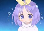  1girl ? ?? absurdres blue_background blue_eyes blush closed_mouth comedic_sweatdrop commentary confused english_commentary gradient_background hairband highres hiiragi_tsukasa looking_down lucky_star nakobon portrait purple_hair short_hair simple_background solo sweater turtleneck turtleneck_sweater white_sweater yellow_hairband 