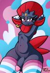 :3 absurd_res anthro bedroom_eyes belly big_penis biped clothing colored digital_media_(artwork) ear_piercing ear_ring eyelashes fangs femboy flaccid forehead_gem gem generation_4_pokemon genitals glands hands_behind_head hi_res humanoid_genitalia humanoid_penis legwear legwear_only lgbt_pride looking_at_viewer lunaris_parukia male male_anthro mostly_nude narrowed_eyes navel nintendo pecs penis piercing pokemon pokemon_(species) pride_colors red_eyes ring_piercing seductive shaded solo stockings stockings_only teeth weavile