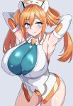  1girl alternate_breast_size_(larger) armpits arms_behind_head blue_eyes blush_stickers breasts cameltoe cleavage commentary_request dress elbow_gloves gloves grey_background groin hair_between_eyes hair_rings headgear highres huge_breasts leotard licking_lips long_hair looking_at_viewer naughty_face neptune_(series) orange_hair orange_heart_(neptunia) power_symbol power_symbol-shaped_pupils see-through_cleavage see-through_clothes shin_jigen_game_neptune_vii shiny_clothes shiny_skin smile stiris_rangetsu symbol-shaped_pupils thighs tongue tongue_out twintails white_dress white_gloves 